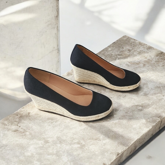 J. Crew Black and Cream Wedge Espadrilles Size 6.5 - Picture 5 of 6